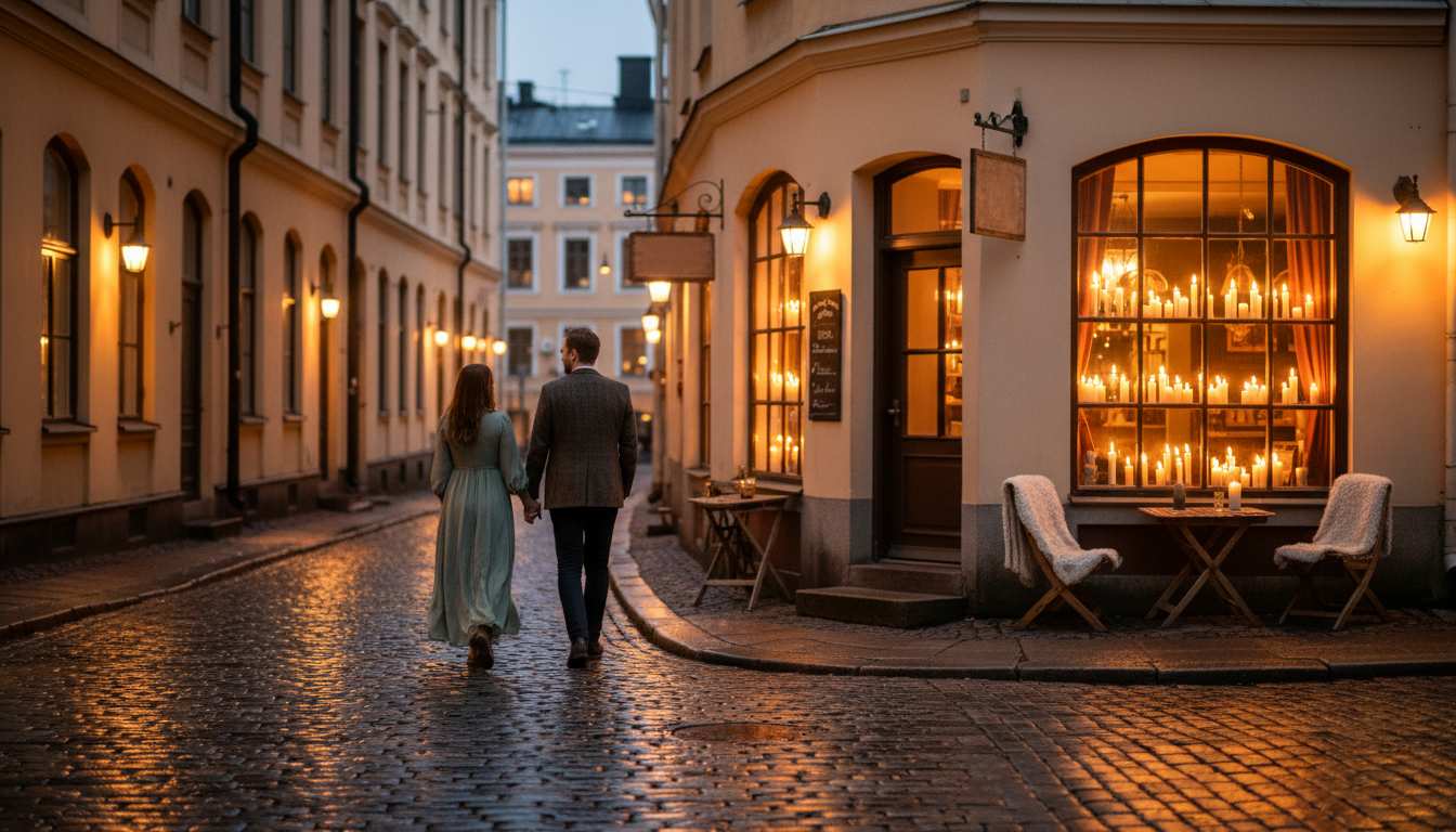Cobblestone street in Kruununhaka at dusk, historic buildings with warm-lit windows, a couple walkin