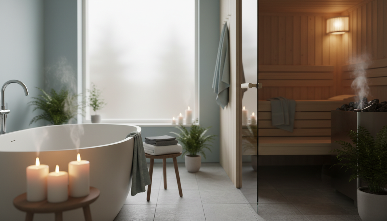 Modern Finnish bathroom with a wooden sauna visible through a glass door, soft towels, candles lit a