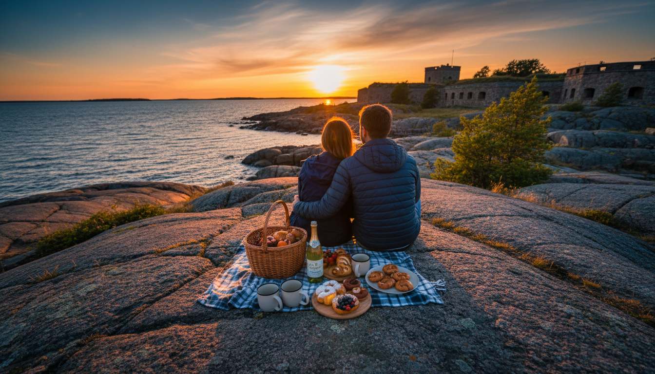 Couple sitting on granite rocks at Suomenlinna, picnic spread between them, Baltic Sea stretching to