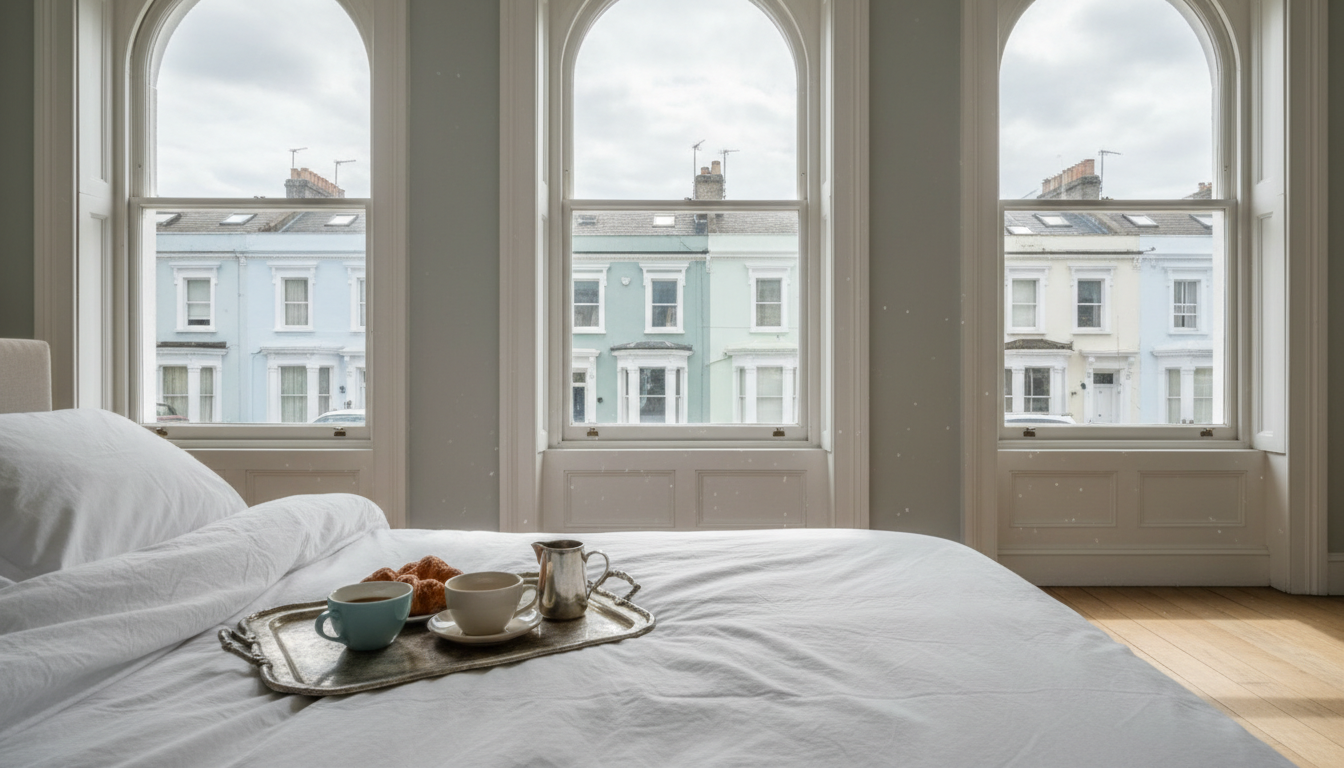 Morning light streaming through tall Georgian windows in a Notting Hill townhouse, white bedding rum