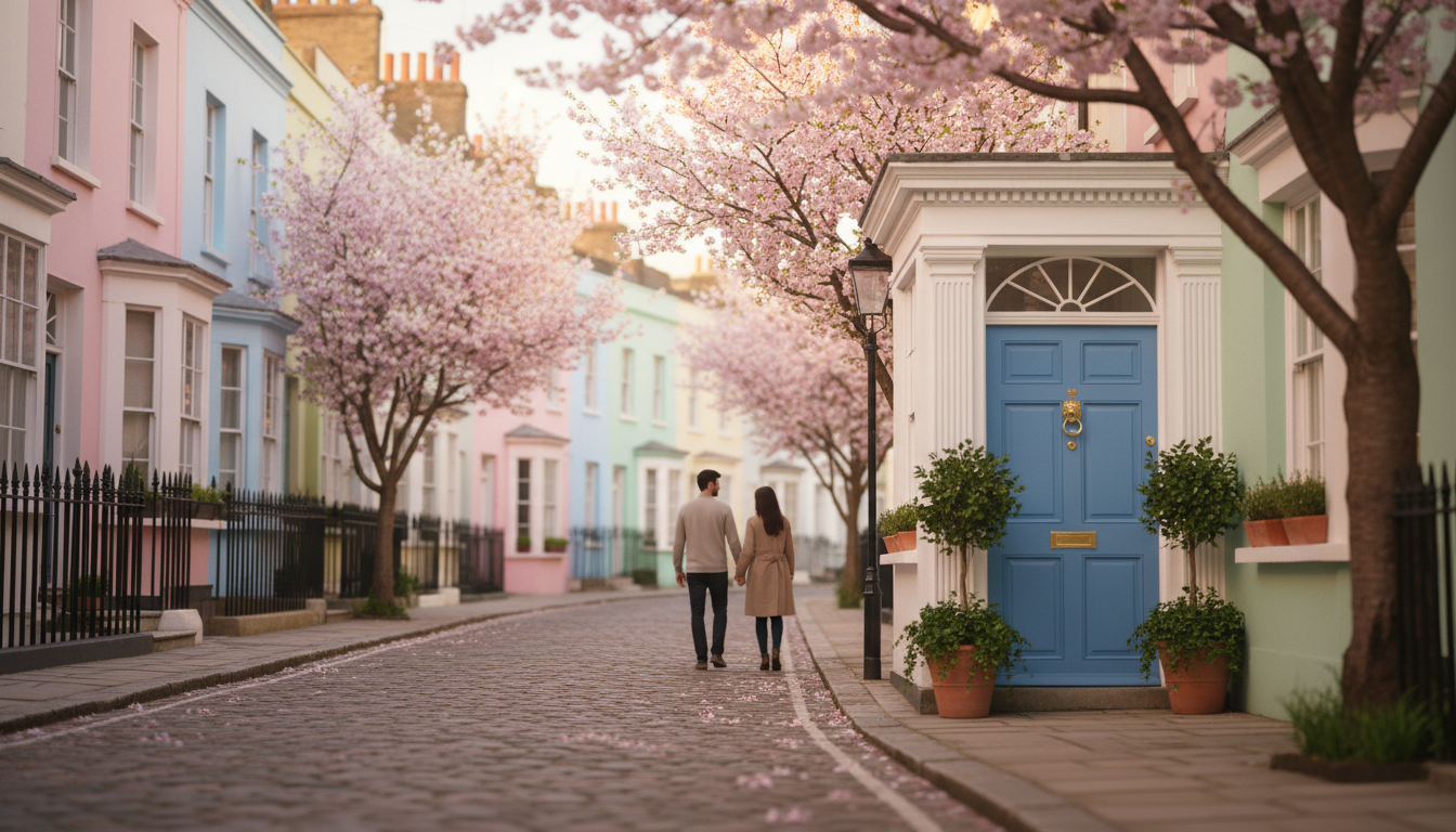 Pastel-colored terraced houses on a quiet Notting Hill street, cherry blossoms overhead, a couple wa