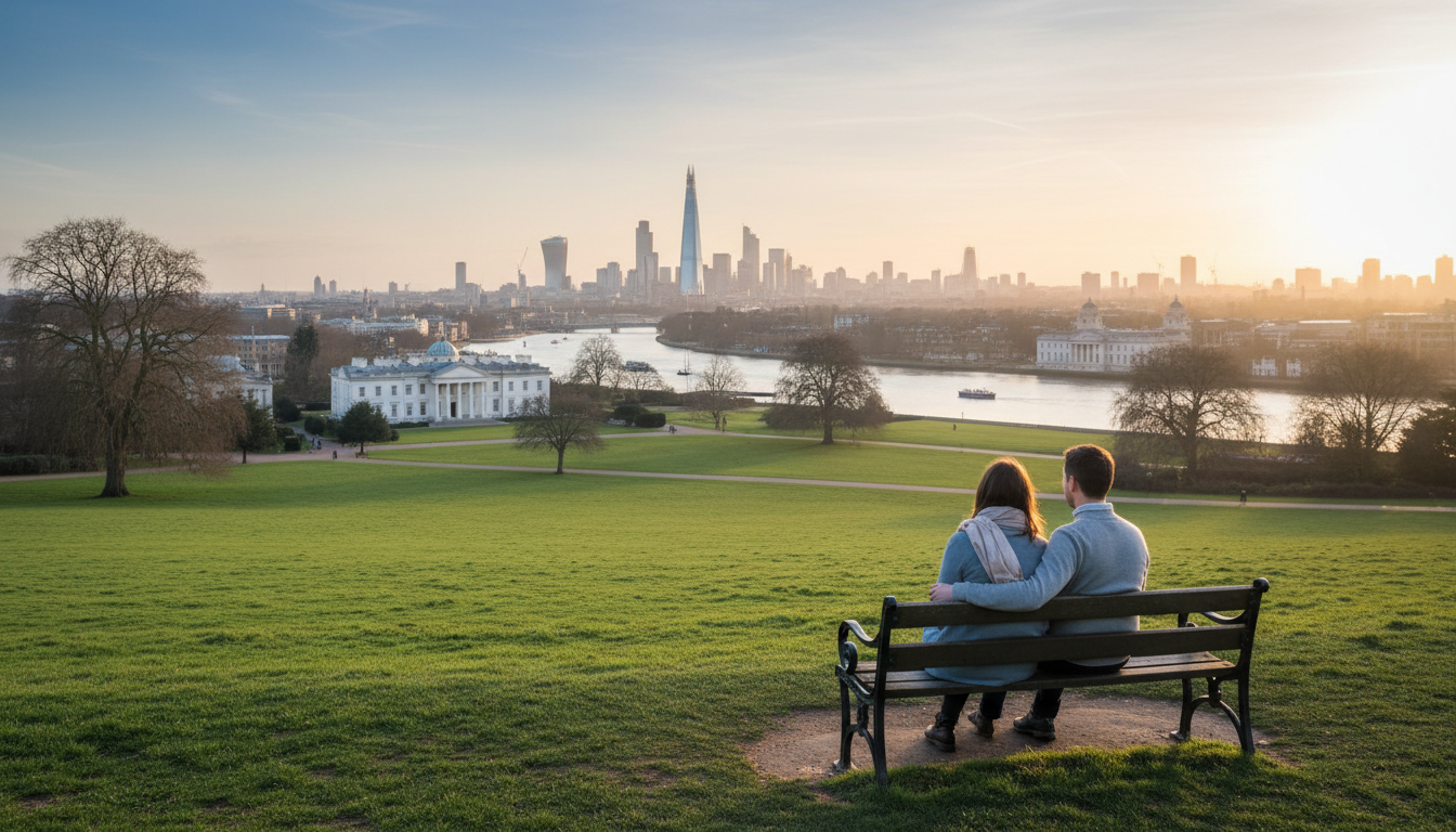 View from Greenwich Park looking down toward the Queens House and Thames, London skyline in the dist