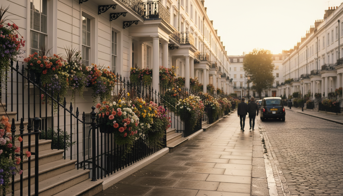 White stucco terraced houses in Belgravia with black wrought-iron railings, window boxes overflowing