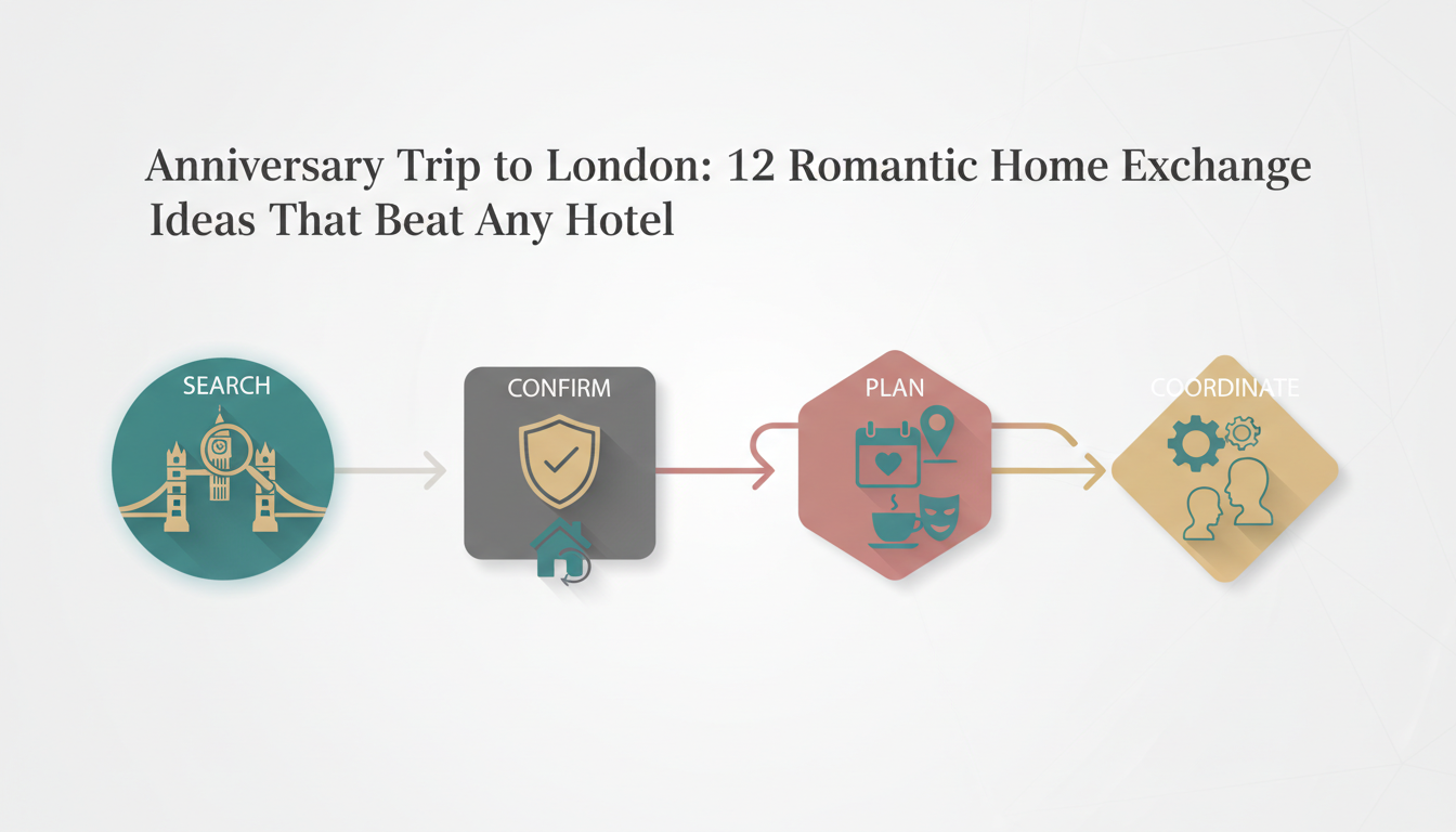 Infographic showing London anniversary trip planning timeline with icons for each phase search, conf
