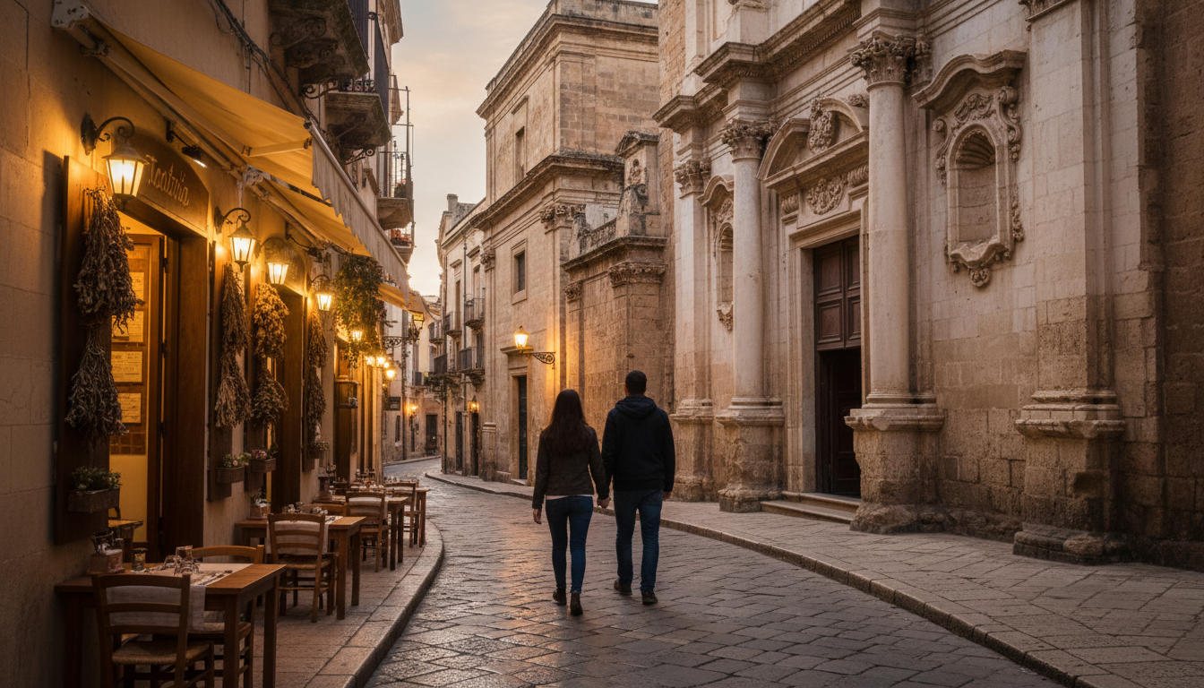 Narrow cobblestone street in Kalsa at dusk, warm light spilling from trattorias, a couple walking ha