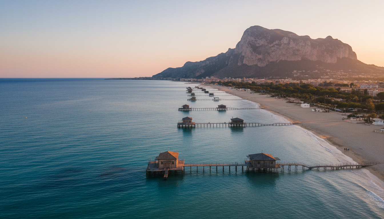 Aerial view of Mondello beach at sunset, turquoise water meeting white sand, historic bathhouse stru