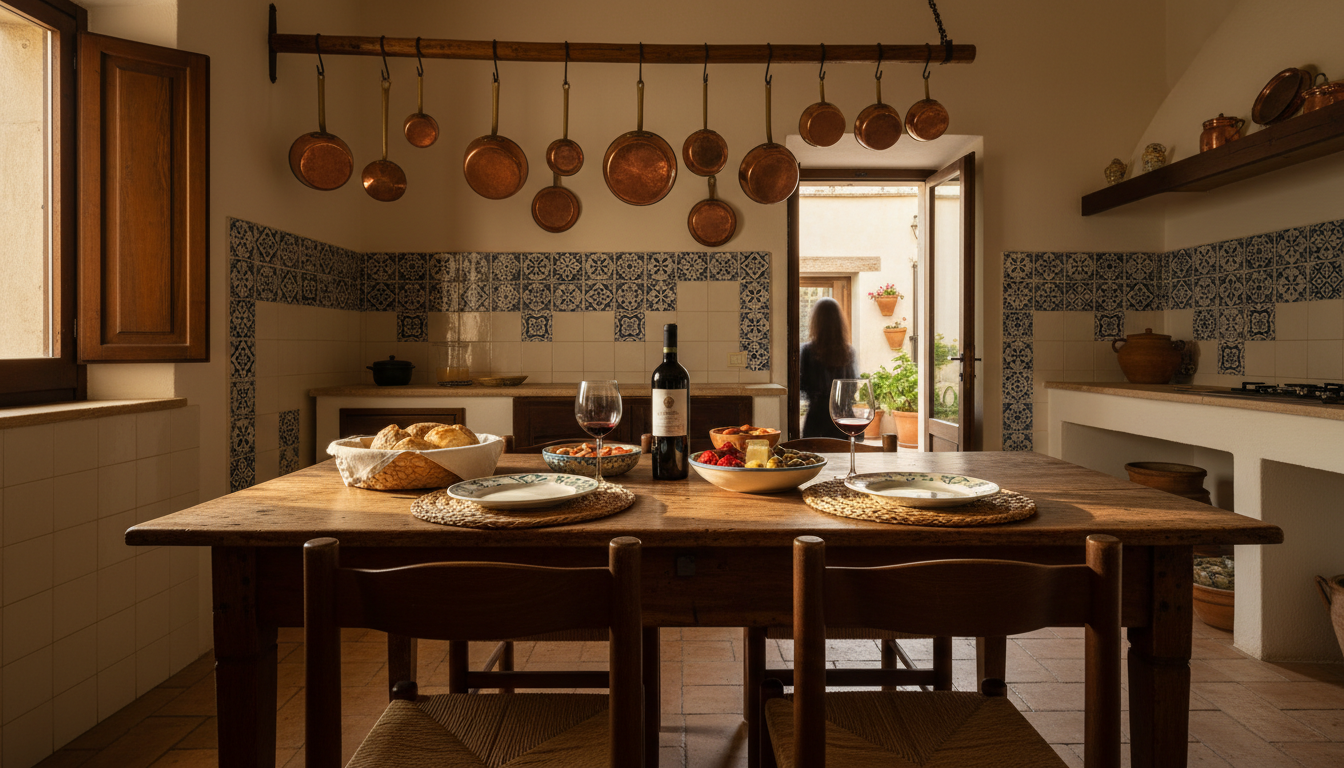 Cozy Sicilian kitchen with blue and white majolica tiles, copper pots hanging from hooks, a wooden t