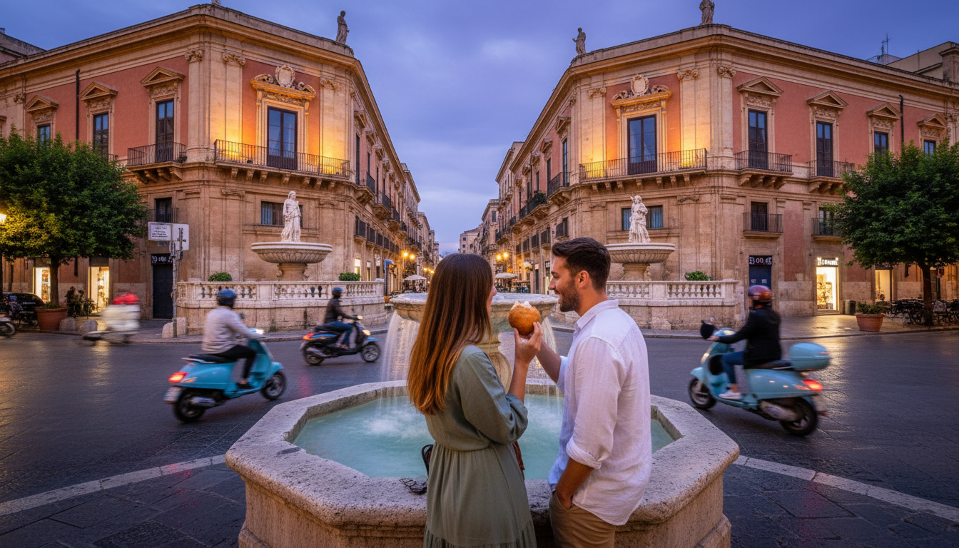 Quattro Canti intersection at blue hour, baroque facades dramatically lit, a couple sharing an aranc