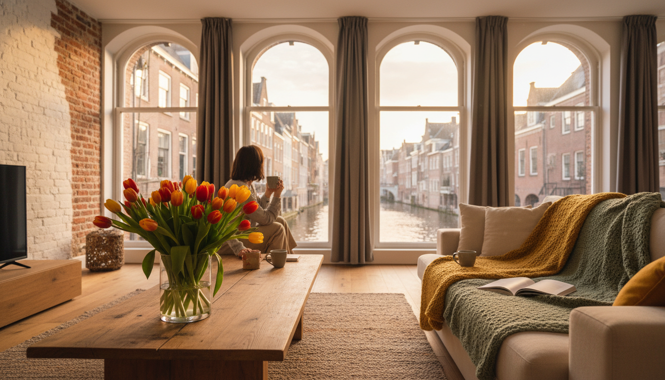 Cozy canal-side apartment interior in Utrecht with exposed brick walls, large windows overlooking th