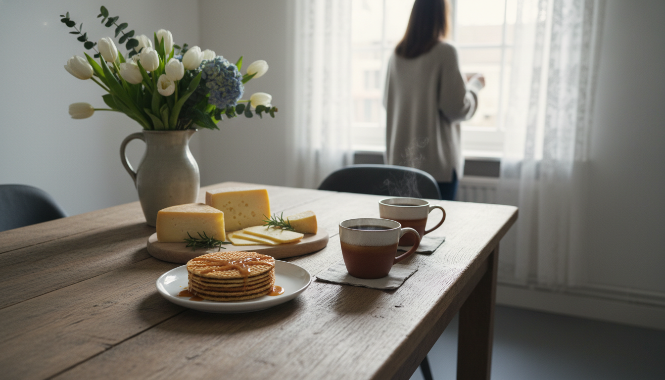 Romantic breakfast scene in a Utrecht home exchange - rustic wooden table with fresh stroopwafels, D