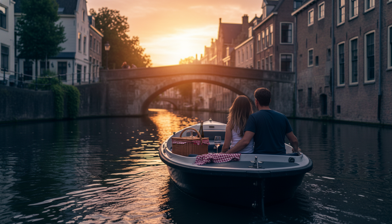 Couple in a small electric boat on Utrechts Oudegracht canal at golden hour, passing under a stone b