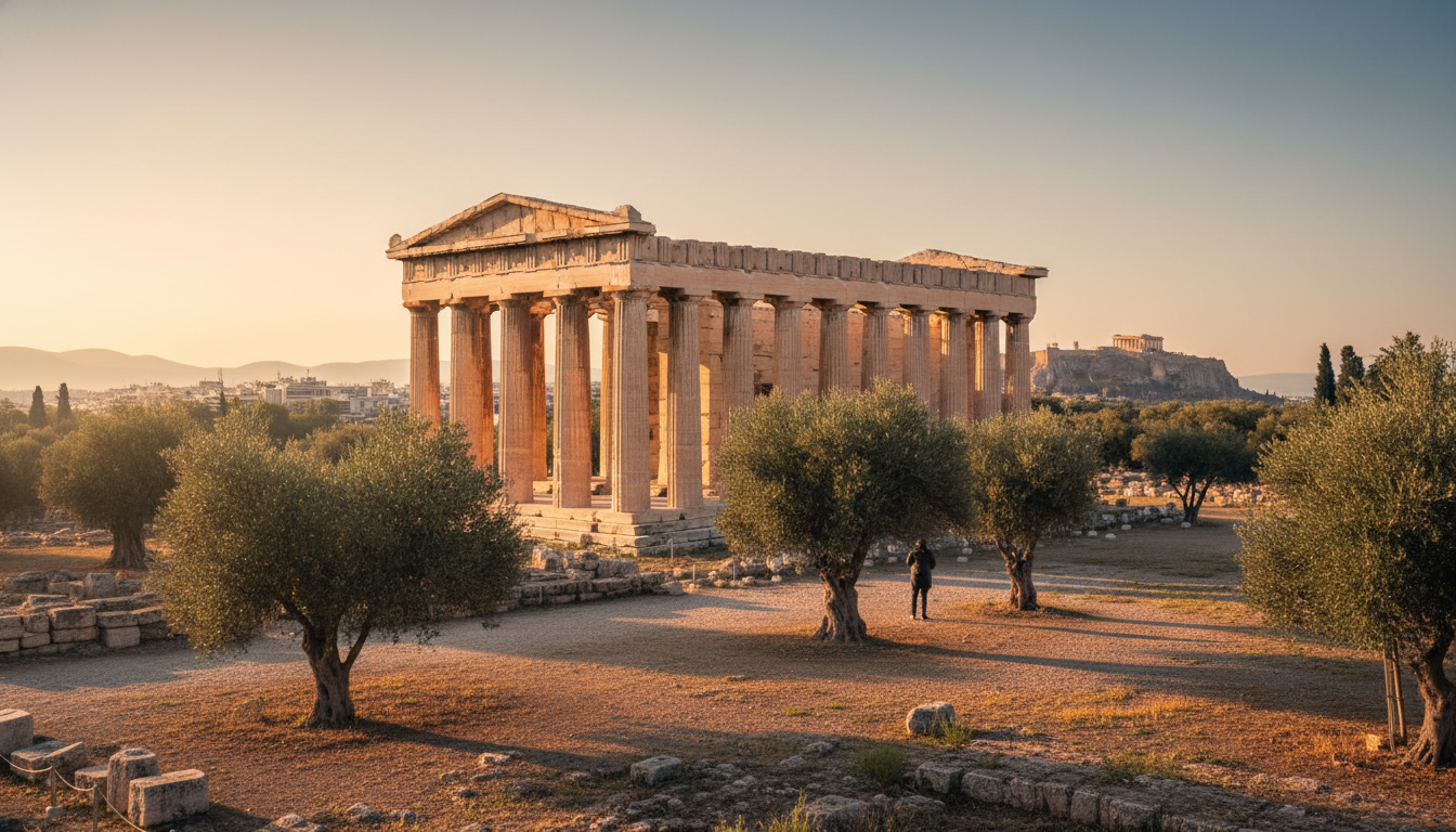 Temple of Hephaestus in the Ancient Agora surrounded by olive trees, morning shadows creating dramat