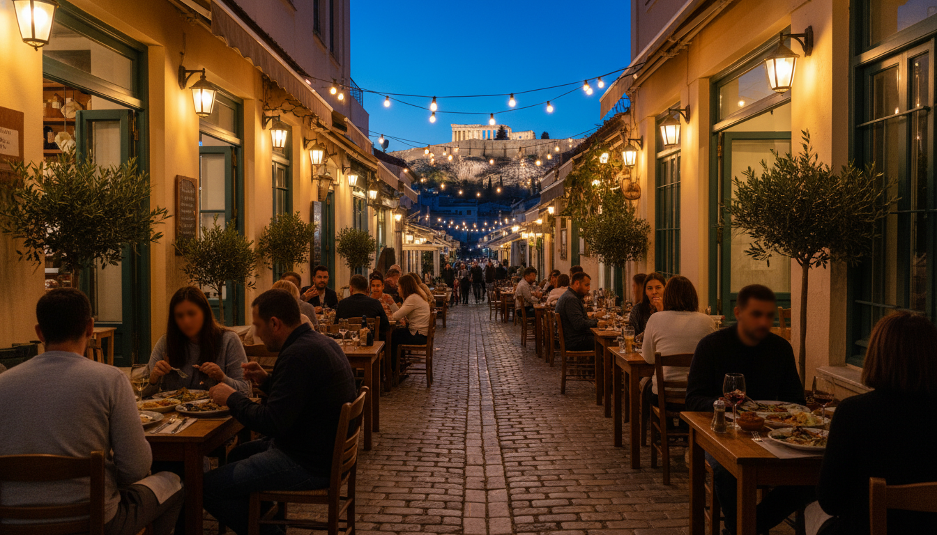 Narrow pedestrian street in Koukaki at dusk, warm light from taverna windows, locals dining at outdo