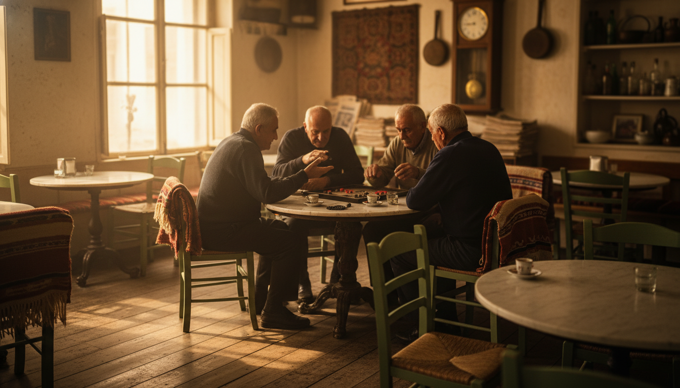 Traditional kafeneio interior with marble tables, elderly Greek men playing backgammon, morning ligh