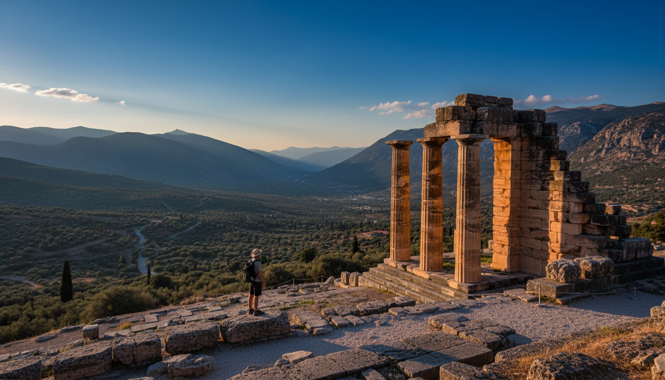Temple of Apollo ruins at Delphi with dramatic mountain backdrop, ancient columns against blue sky,