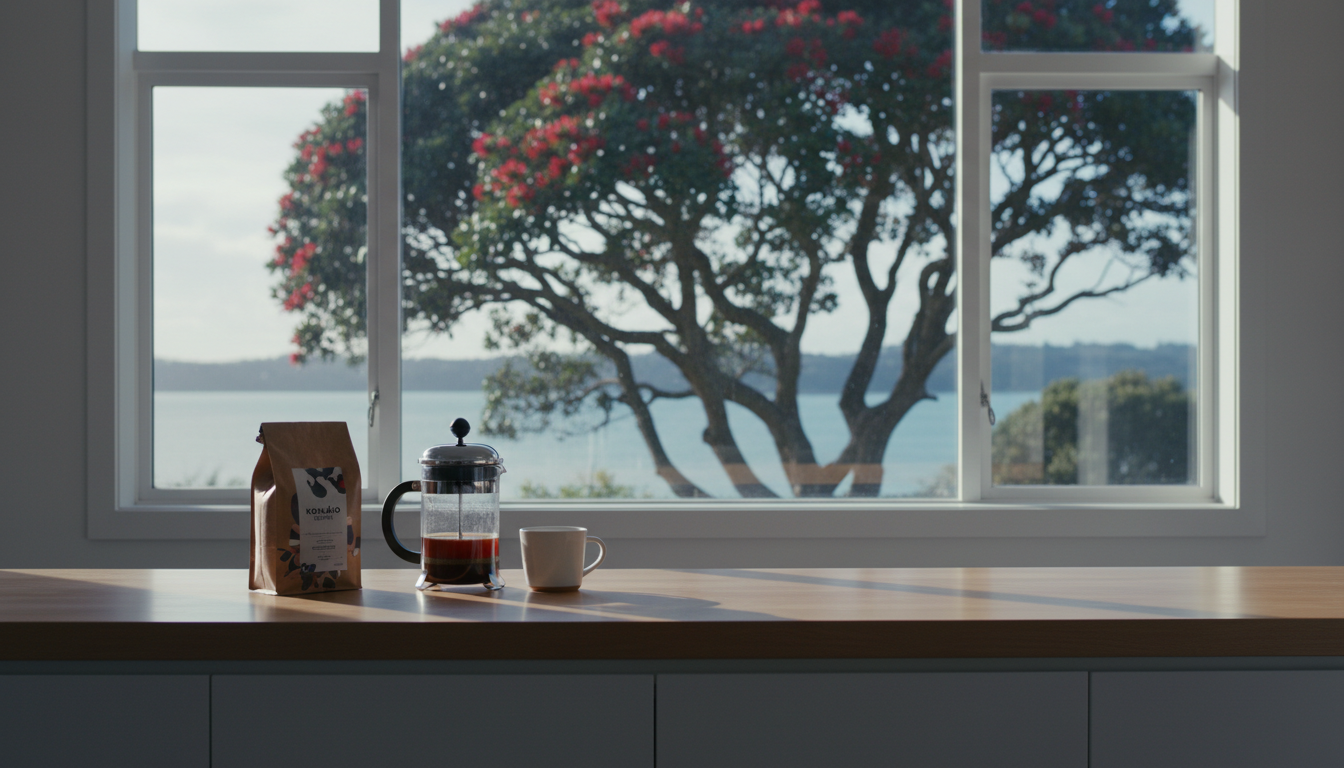 Morning light streaming through a modern Auckland kitchen window, French press and Kokako coffee bag