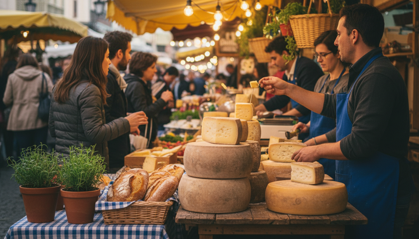 Bustling La Cigale market stall with wheels of local cheese, crusty bread loaves, and customers chat