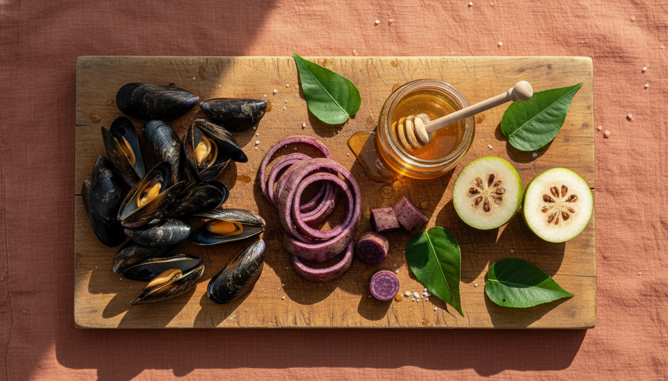 Flat lay of New Zealand ingredients on wooden cutting board green-lipped mussels, purple kumara, kaw