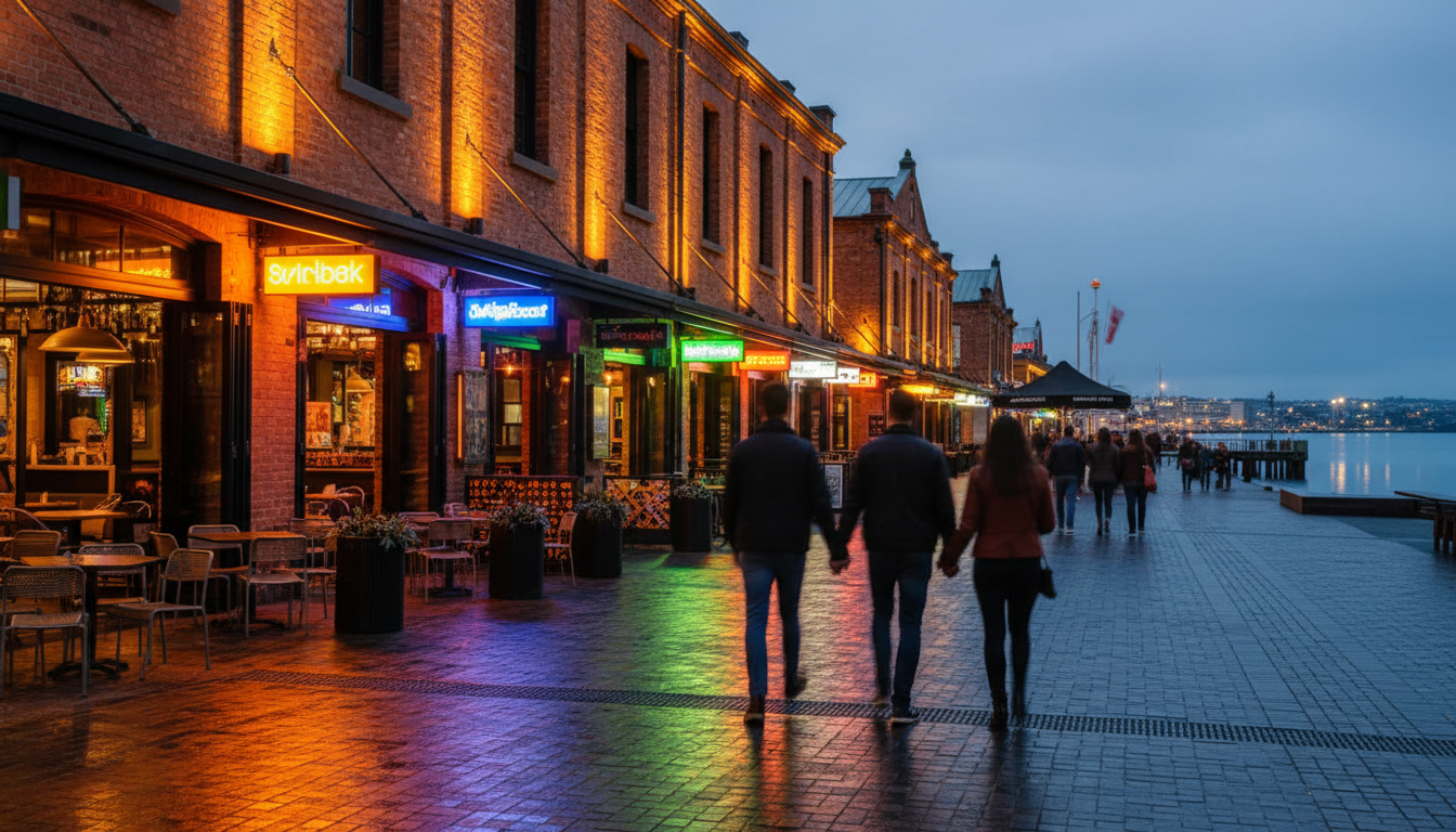 Evening view of Britomart precinct, heritage brick buildings with modern restaurant lighting, couple