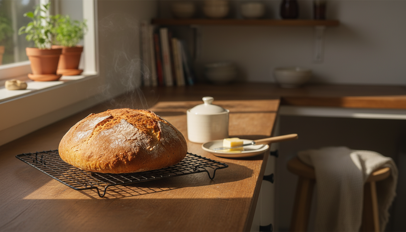 Golden-brown rewena bread loaf cooling on wire rack in home kitchen, afternoon light, butter dish ne
