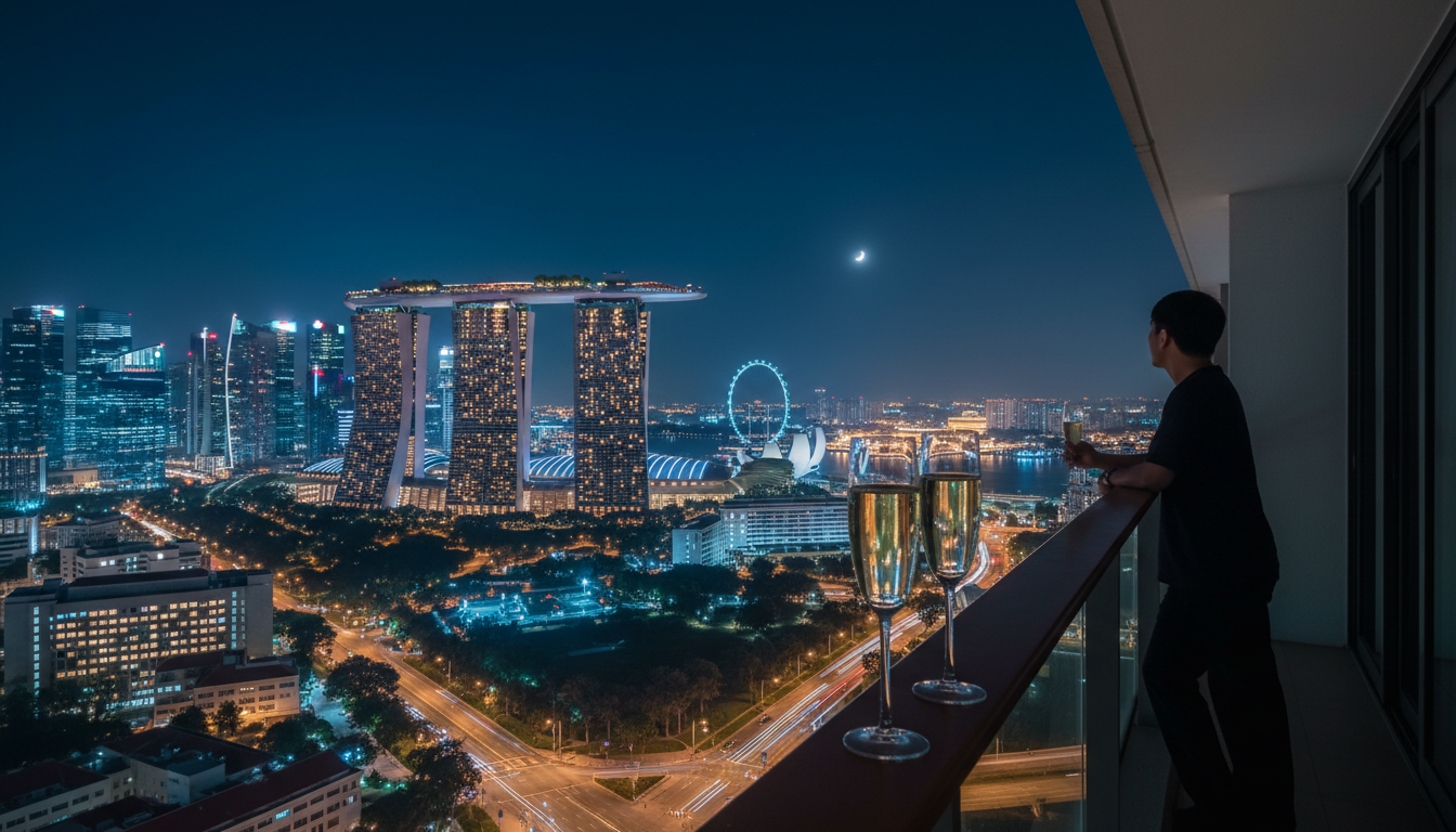 Panoramic night view of Marina Bay Sands and Singapore skyline from a high-rise condo balcony, champ
