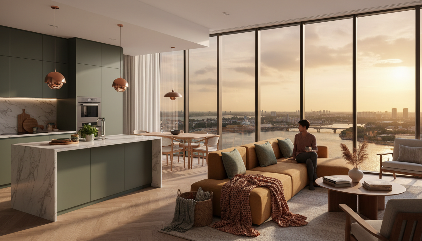 Modern condo interior with open-plan living room, floor-to-ceiling windows showing Singapore River b