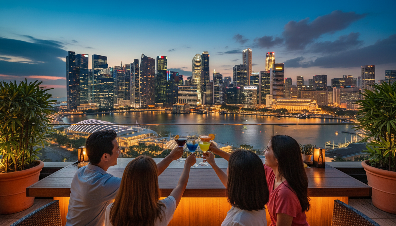Group of friends toasting cocktails at a Singapore rooftop bar, city skyline illuminated at night, c
