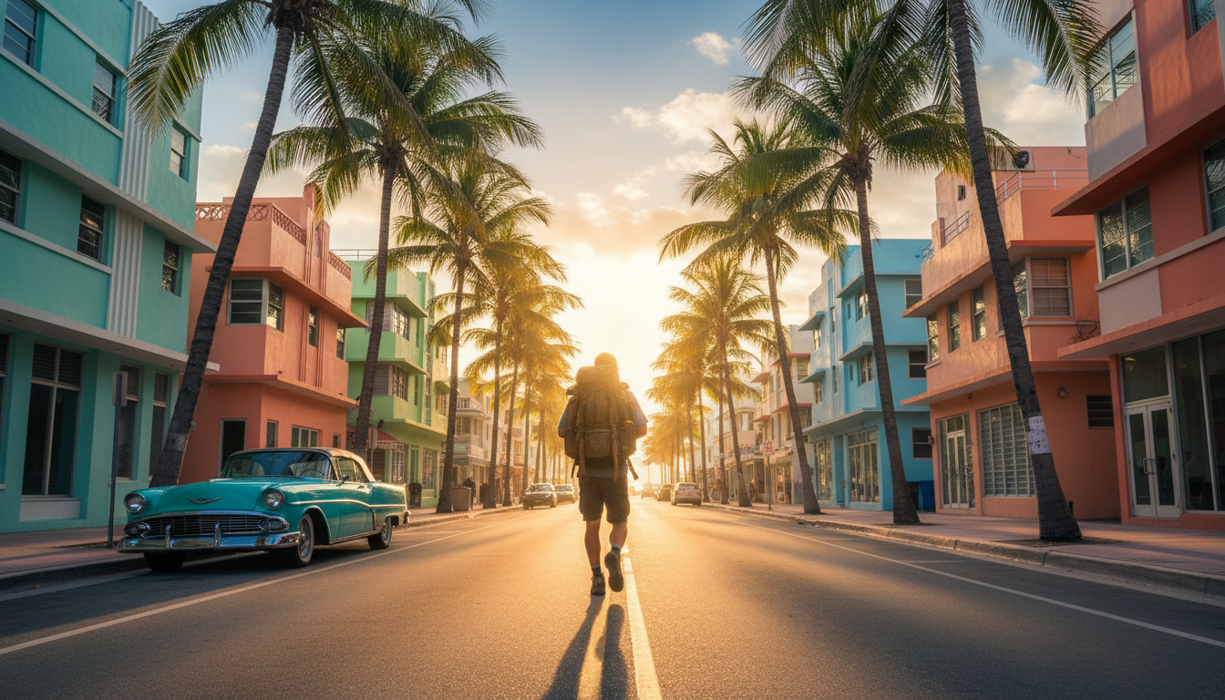 Backpacker stepping onto a colorful Art Deco street in South Beach Miami, palm trees overhead, vinta