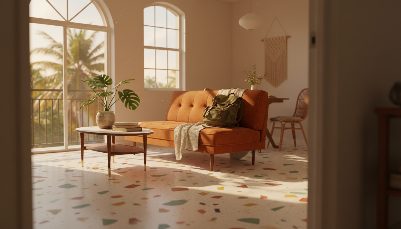 Interior of a modest but clean Miami apartment with terrazzo floors, vintage furniture, a small balc