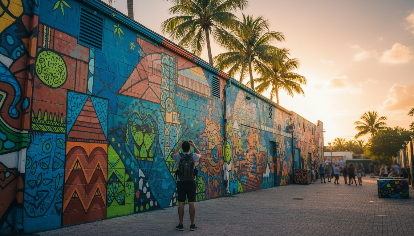 Vibrant Wynwood Walls mural in Miami with a backpacker taking a photo, colorful street art covering