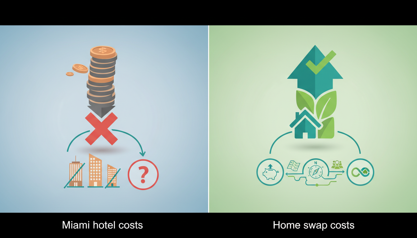 Split-screen infographic comparing Miami hotel costs vs home swap costs over 14 days, showing 2,520
