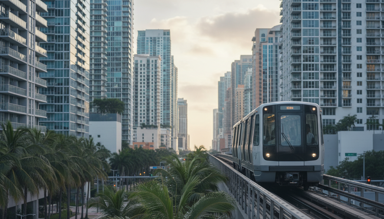 Miami Metromover train gliding through downtown Brickell with glass skyscrapers reflecting sunset, p