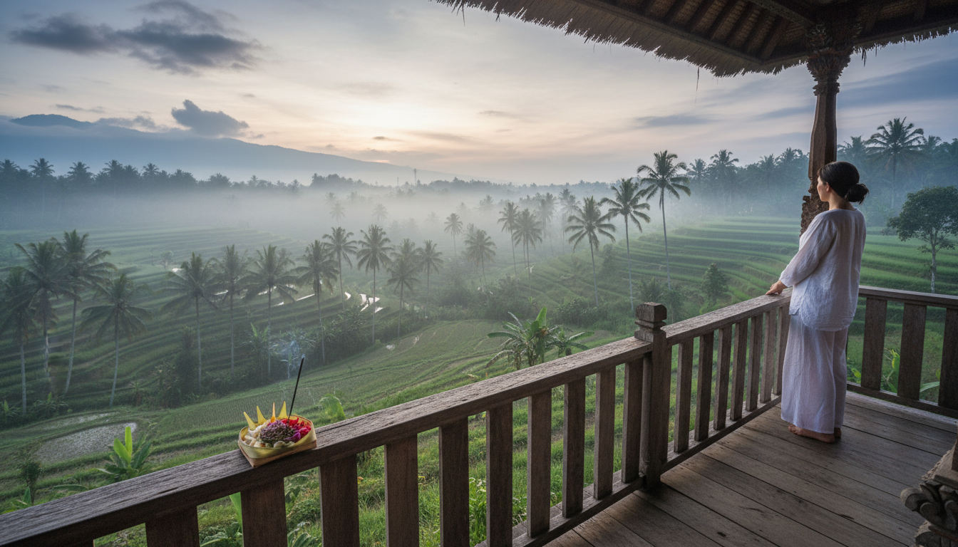 sunrise view over Tegallalang rice terraces from a traditional Balinese house balcony, with morning