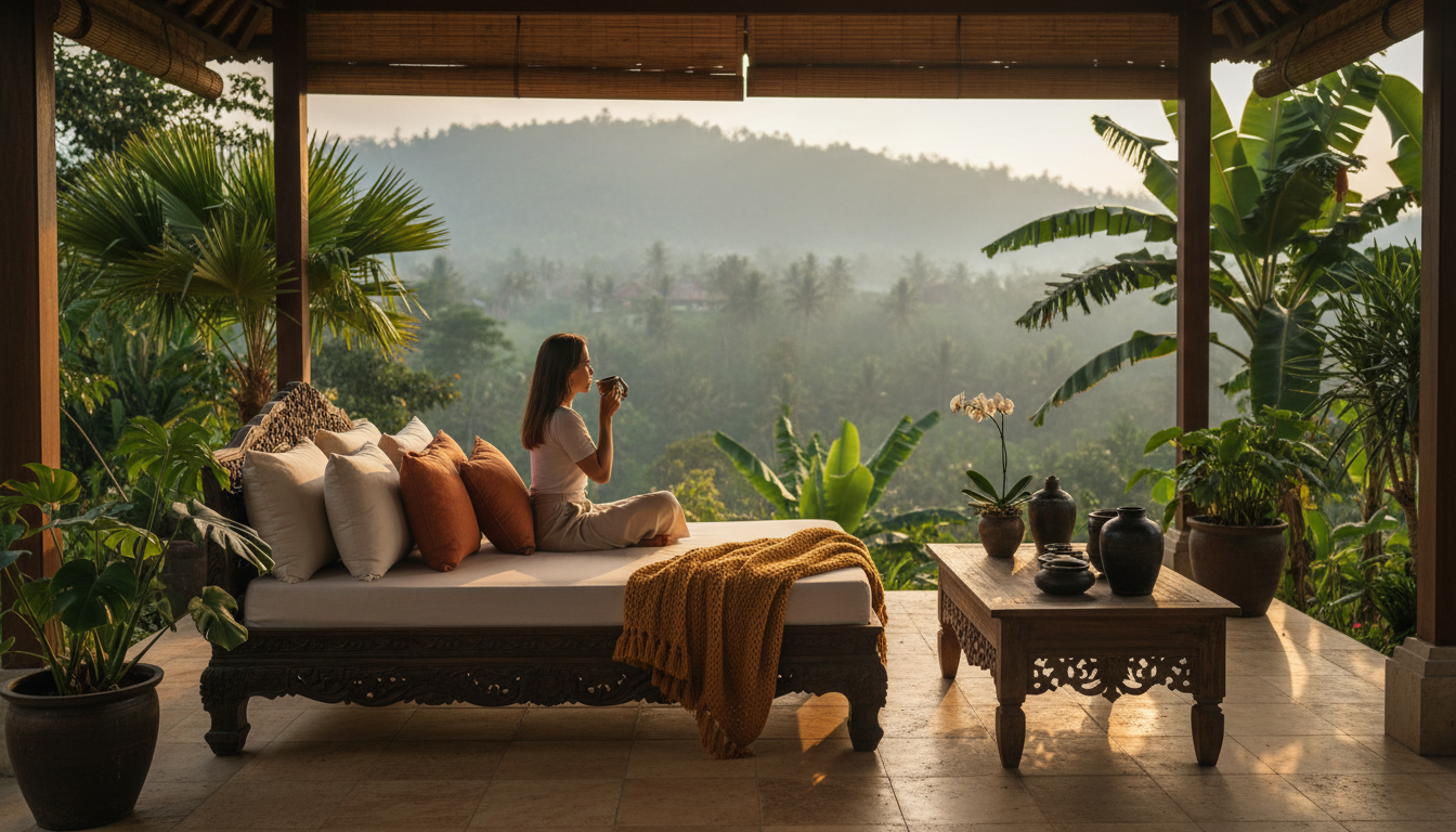 interior of a Balinese-style living room in Ubud with traditional carved wooden furniture, open-air