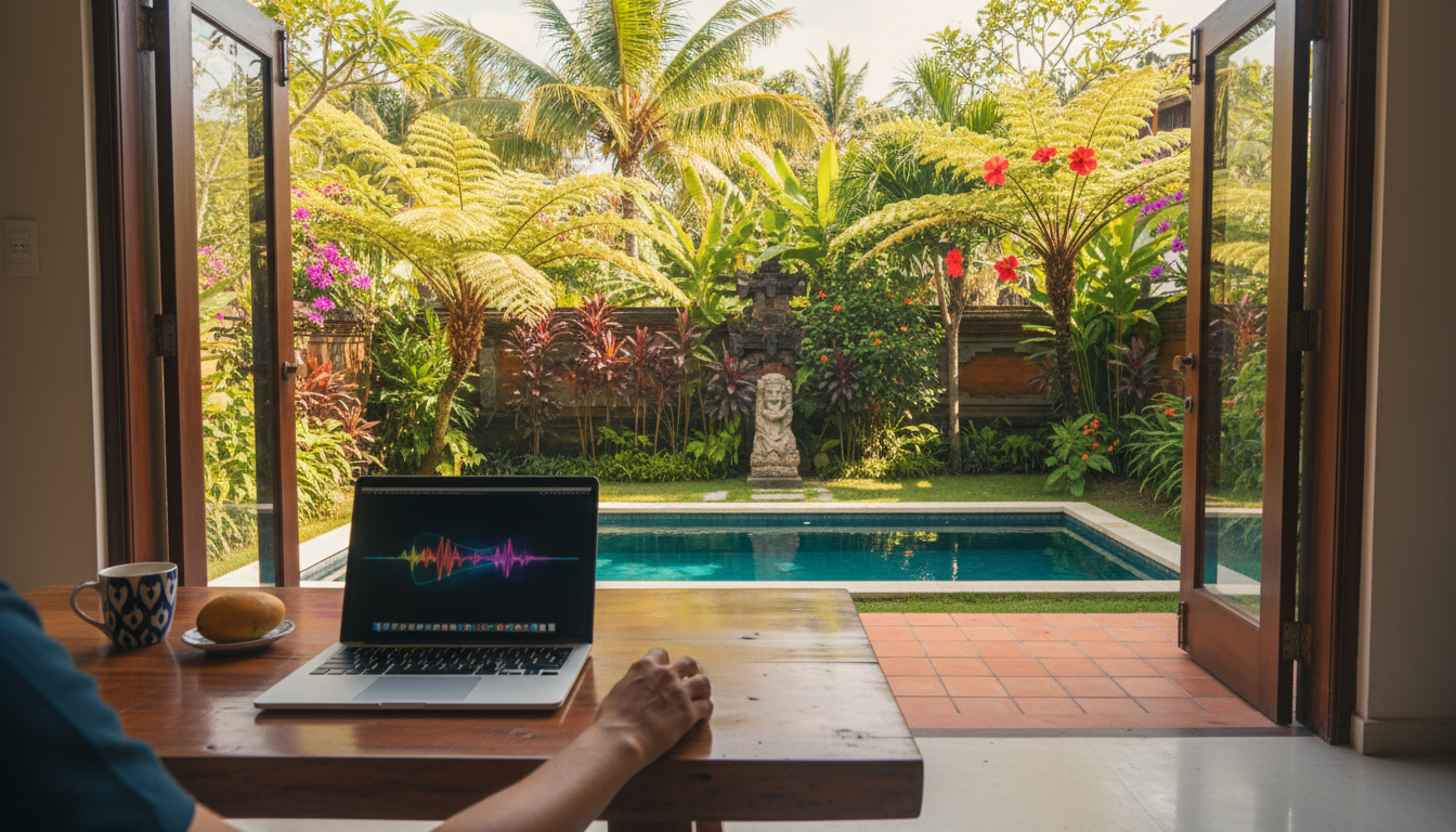 laptop open on a wooden desk with tropical garden visible through open doors, suggesting remote work