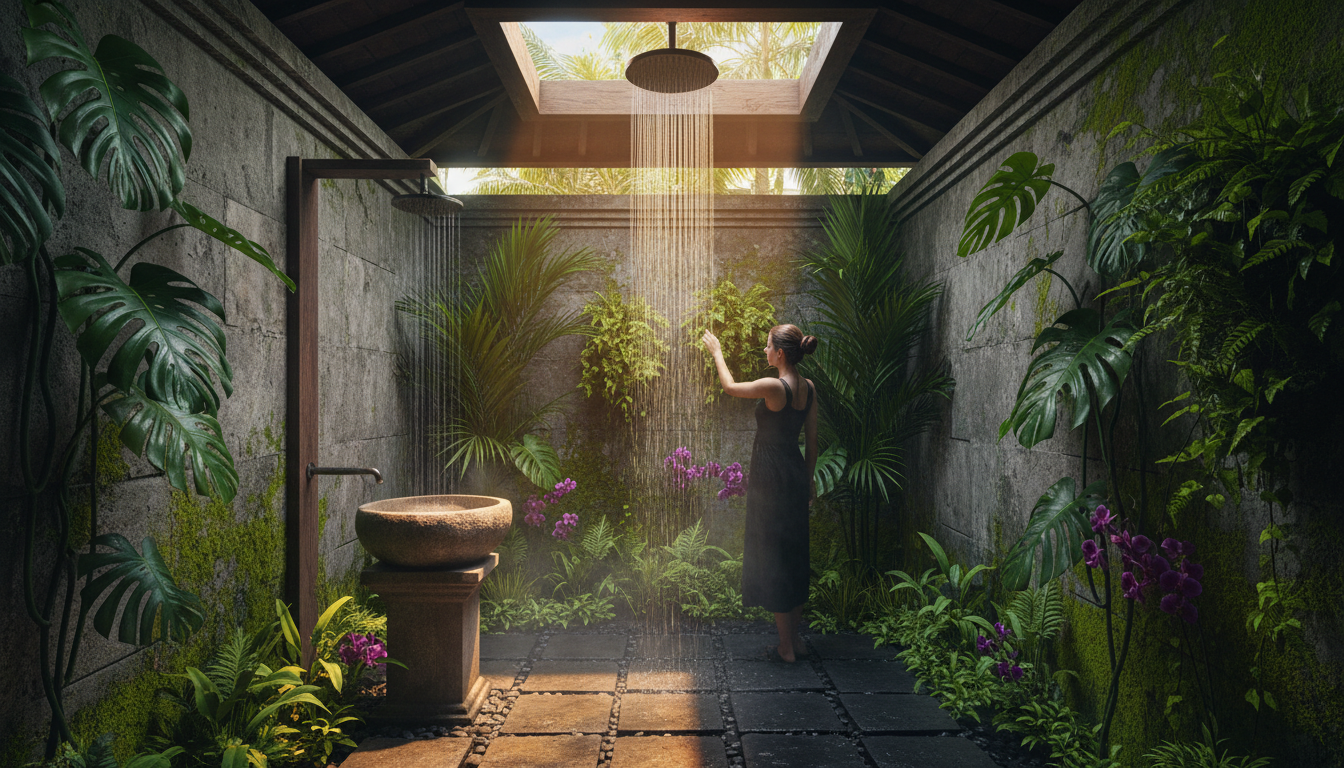 traditional Balinese outdoor bathroom with stone walls, tropical plants, rain shower head, and natur