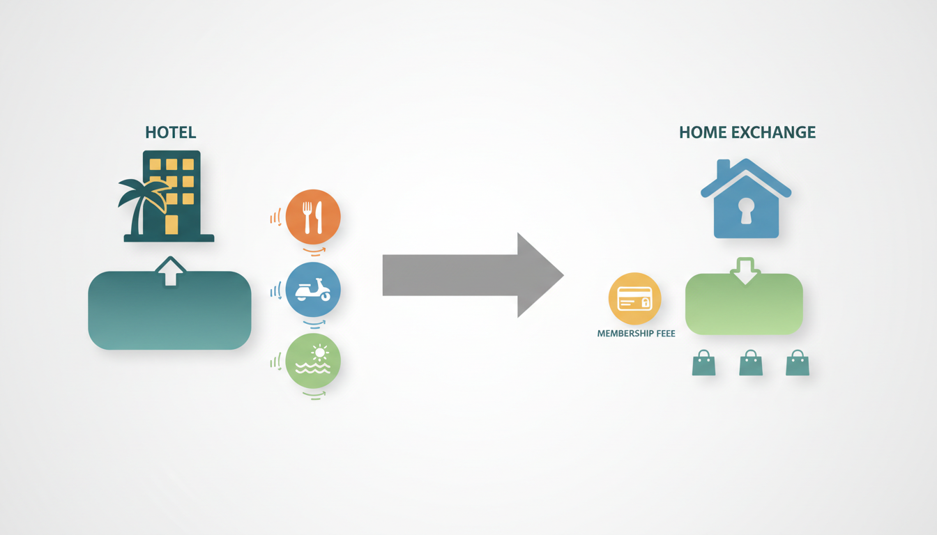 infographic showing cost comparison between 2-week Bali hotel stay 2,800 average versus home exchang