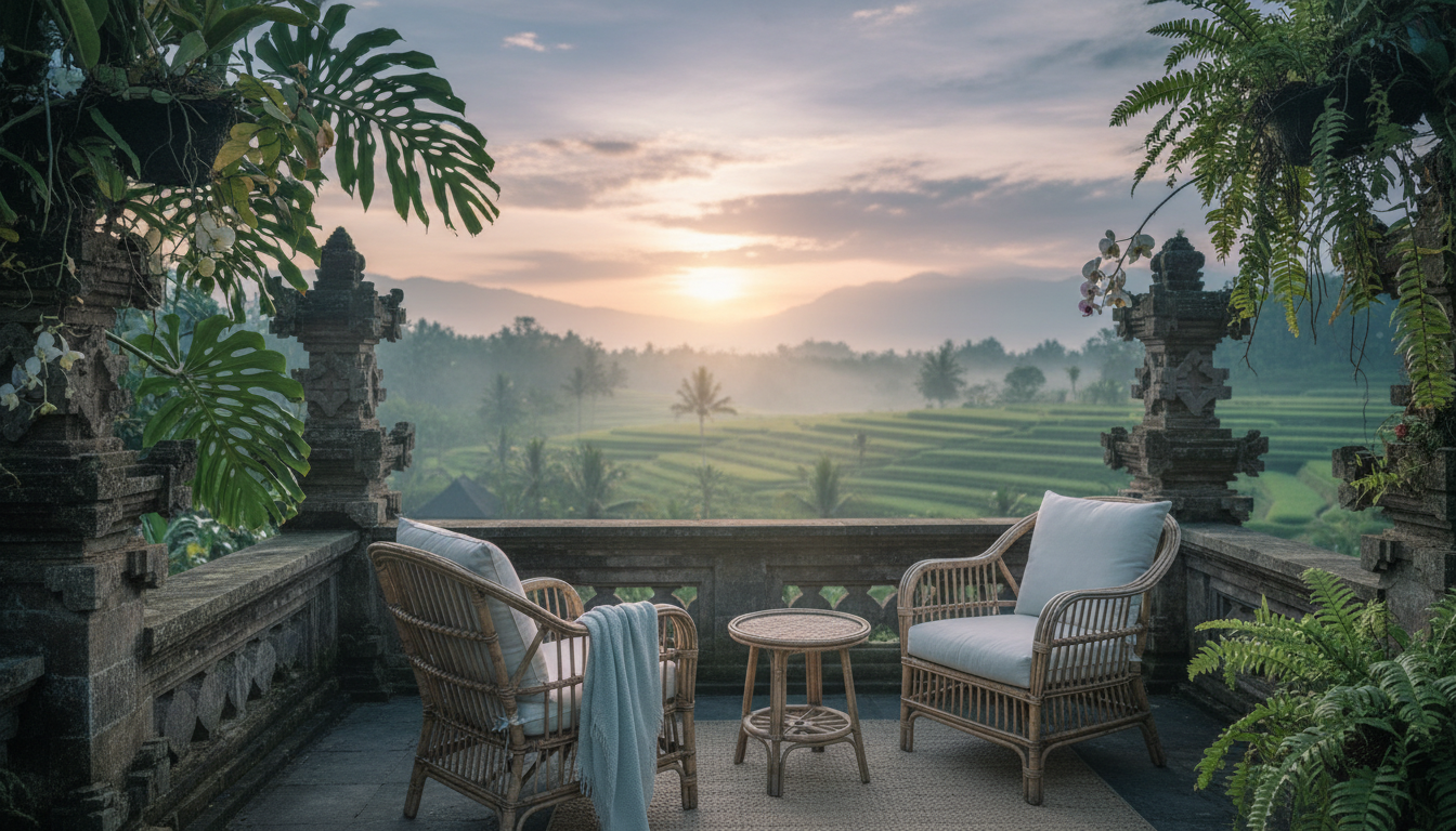 sunrise view from a traditional Balinese compound in Ubud, with terraced rice paddies in the distanc