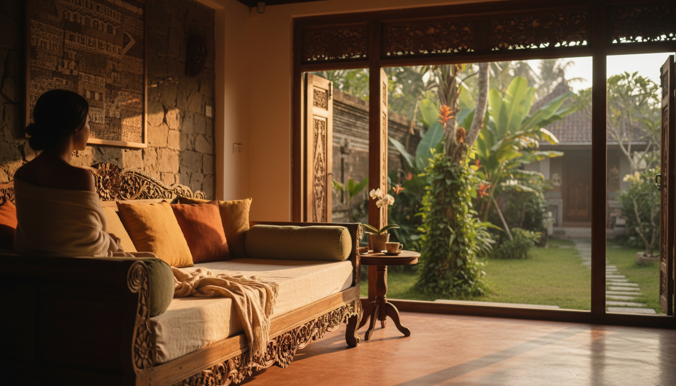 interior of a traditional Balinese house in Ubud with carved wooden furniture, open-air design, trop