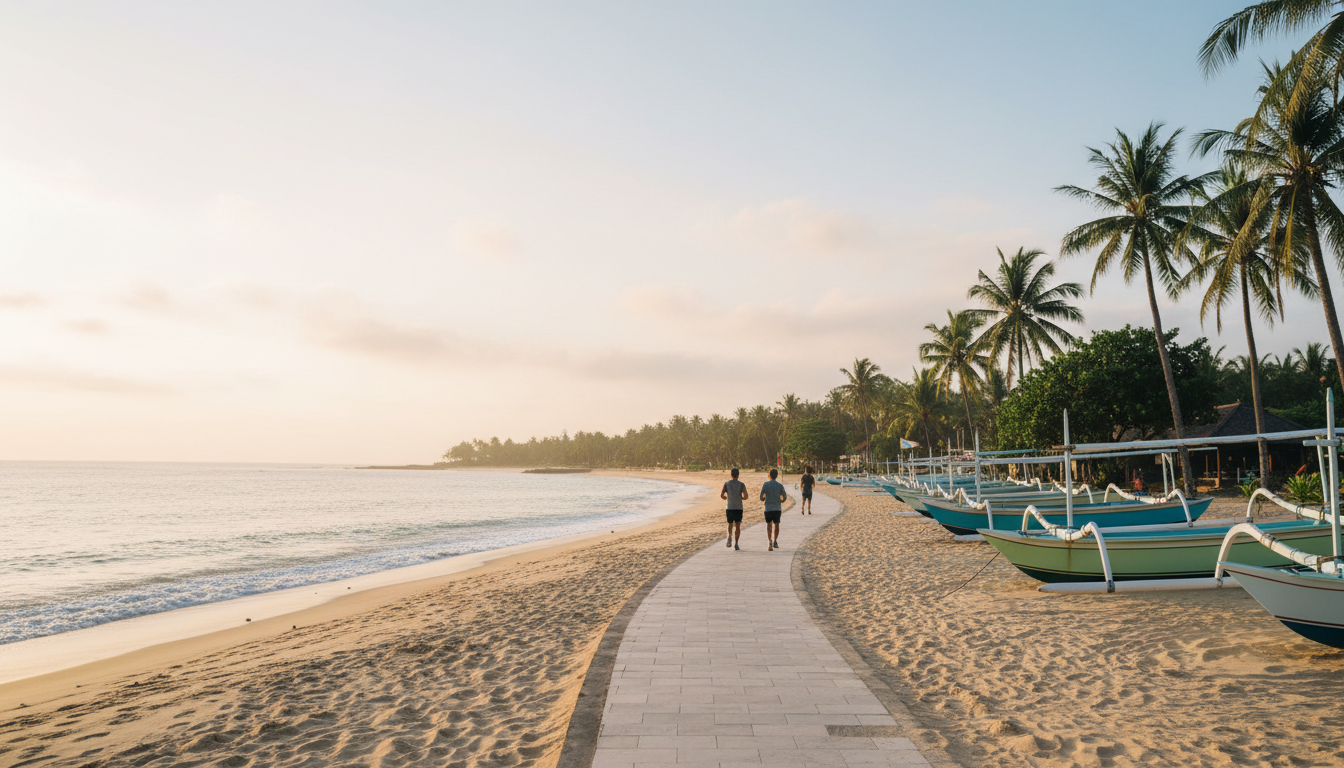 Sanur beachfront path at sunrise with local fishermens boats on the sand, calm turquoise water, palm
