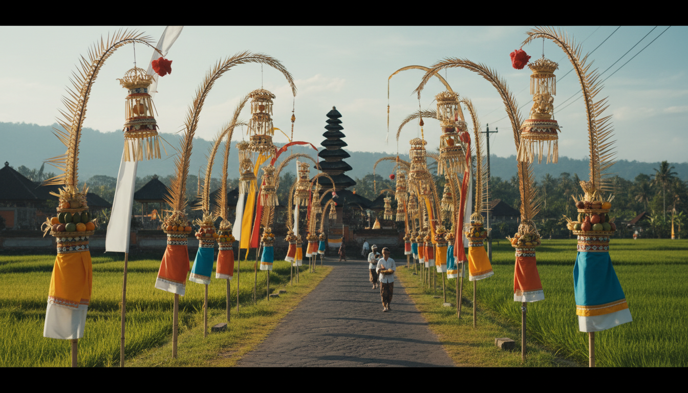 Balinese penjor bamboo poles lining a village road during Galungan, decorated with offerings and pal