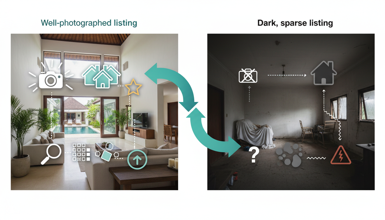 split-screen showing a well-photographed home listing with bright natural light and detailed descrip