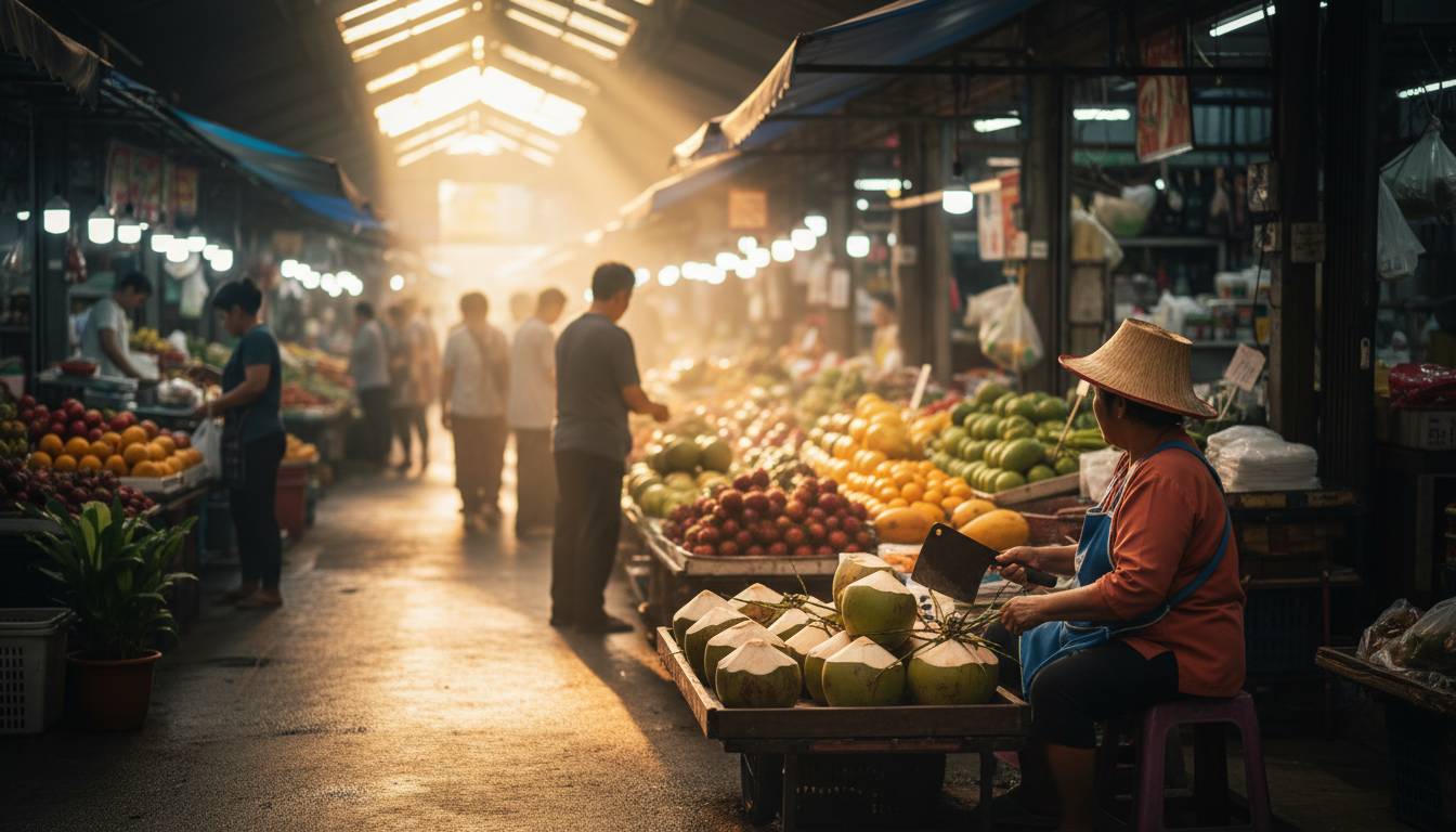 Early morning light streaming through the covered walkways of Or Tor Kor Market, vendors arranging p
