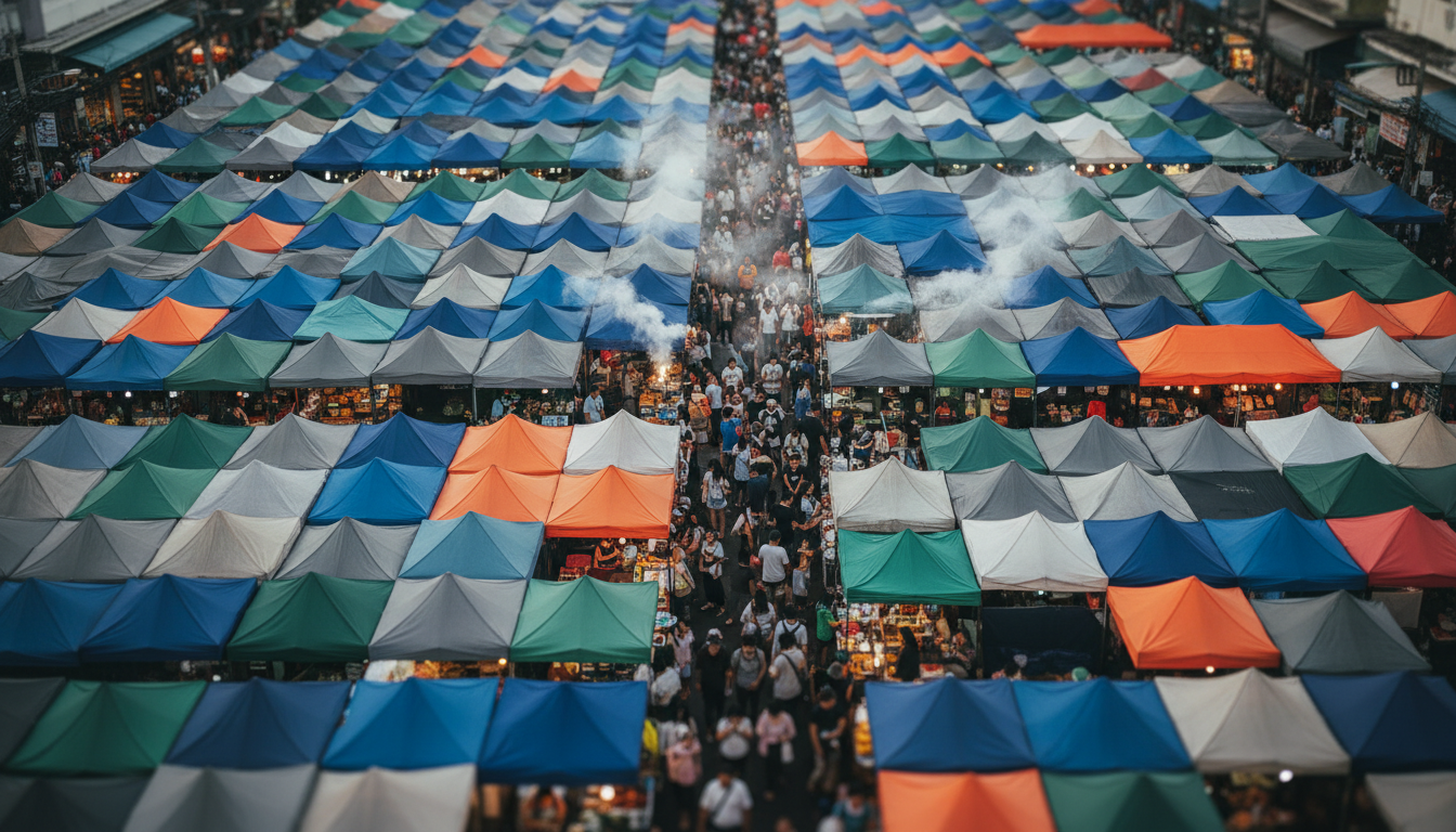 Aerial view of Chatuchaks maze-like corridors packed with shoppers, colorful awnings creating a patc