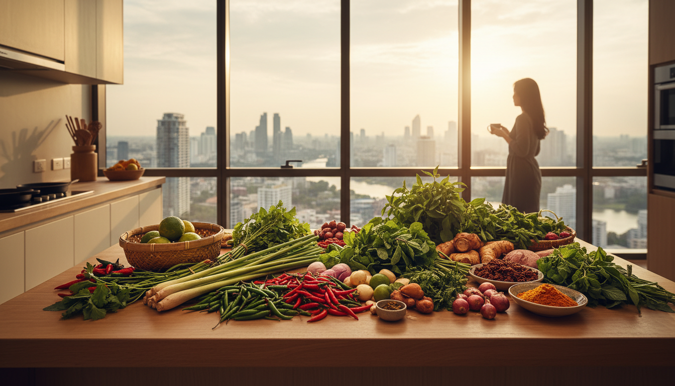 A modern Bangkok condo kitchen with a spread of fresh market ingredientslemongrass, chilies, herbsla