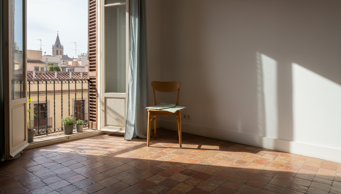 Morning light streaming through wooden shutters onto a terracotta-tiled floor in a traditional Barce