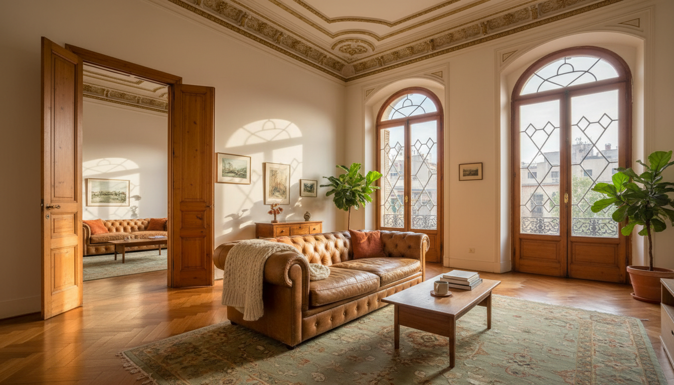 Interior of a classic Eixample apartment showing soaring ceilings with ornate moldings, original woo