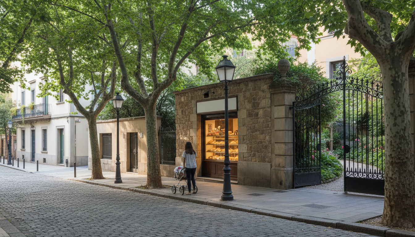 A quiet residential street in Sarri with mature plane trees creating a green canopy, a mother pushin