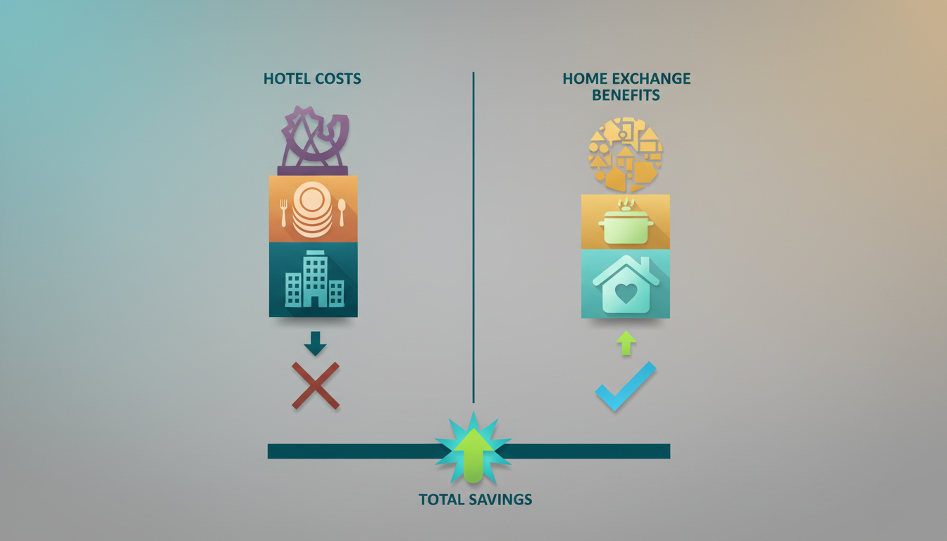 Comparison infographic showing two columns - left side shows hotel costs stacking up accommodation,