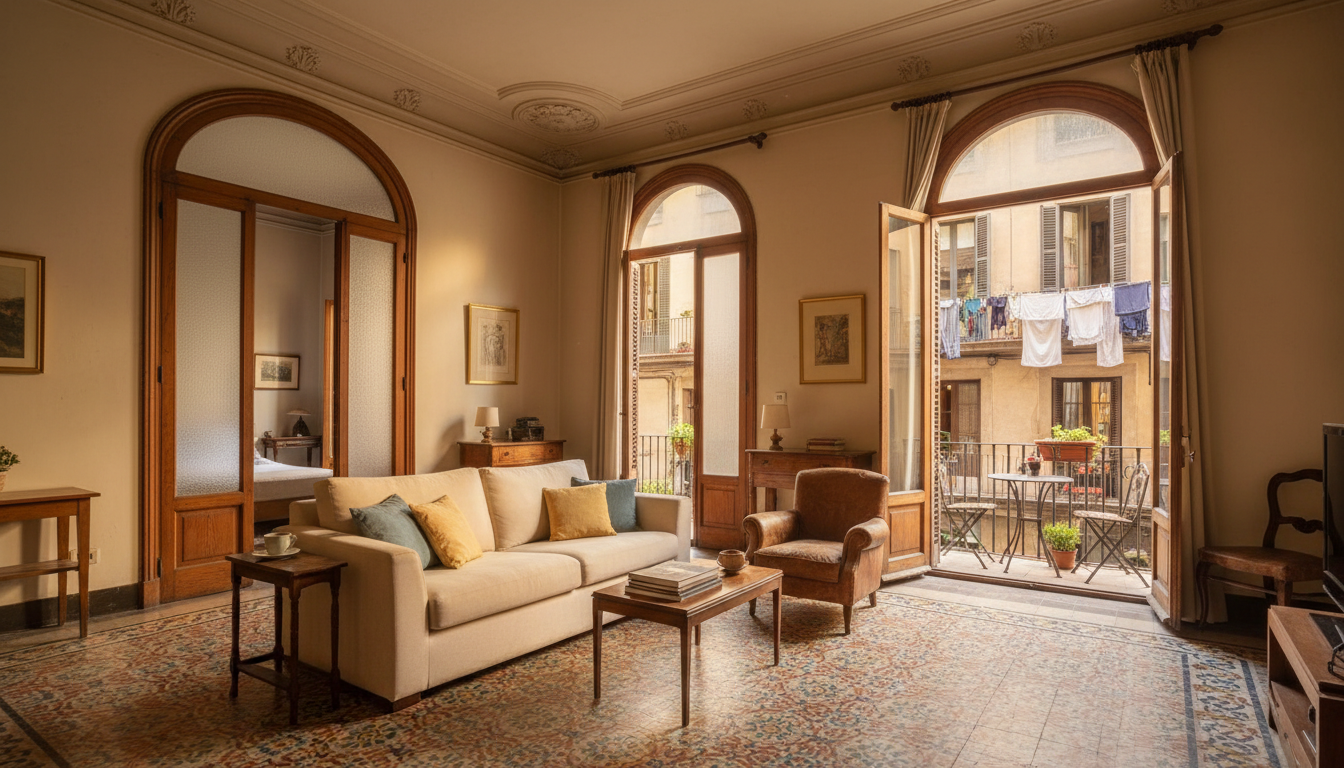Morning light streaming into a traditional Barcelona apartment with high ceilings, mosaic tile floor